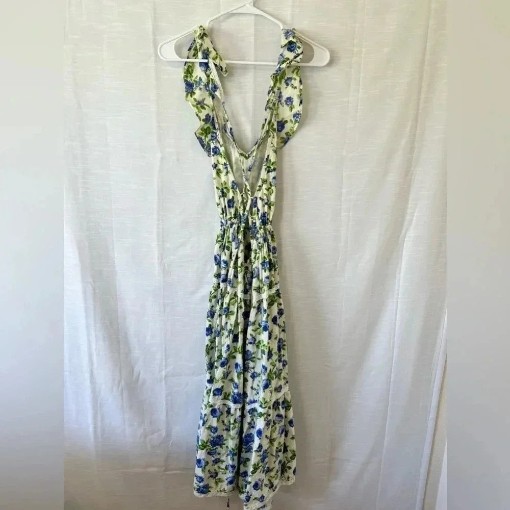 ASOS DOBBY TIERED MIDI SKATER SUNDRESS WITH LACE UP BACK IN FLORAL PRINT-MULTI - Picture 5 of 7
